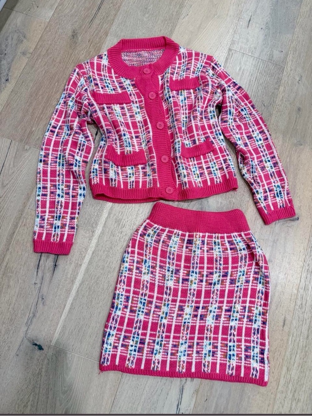 Pink Plaid Knit Cardigan and Skirt Set